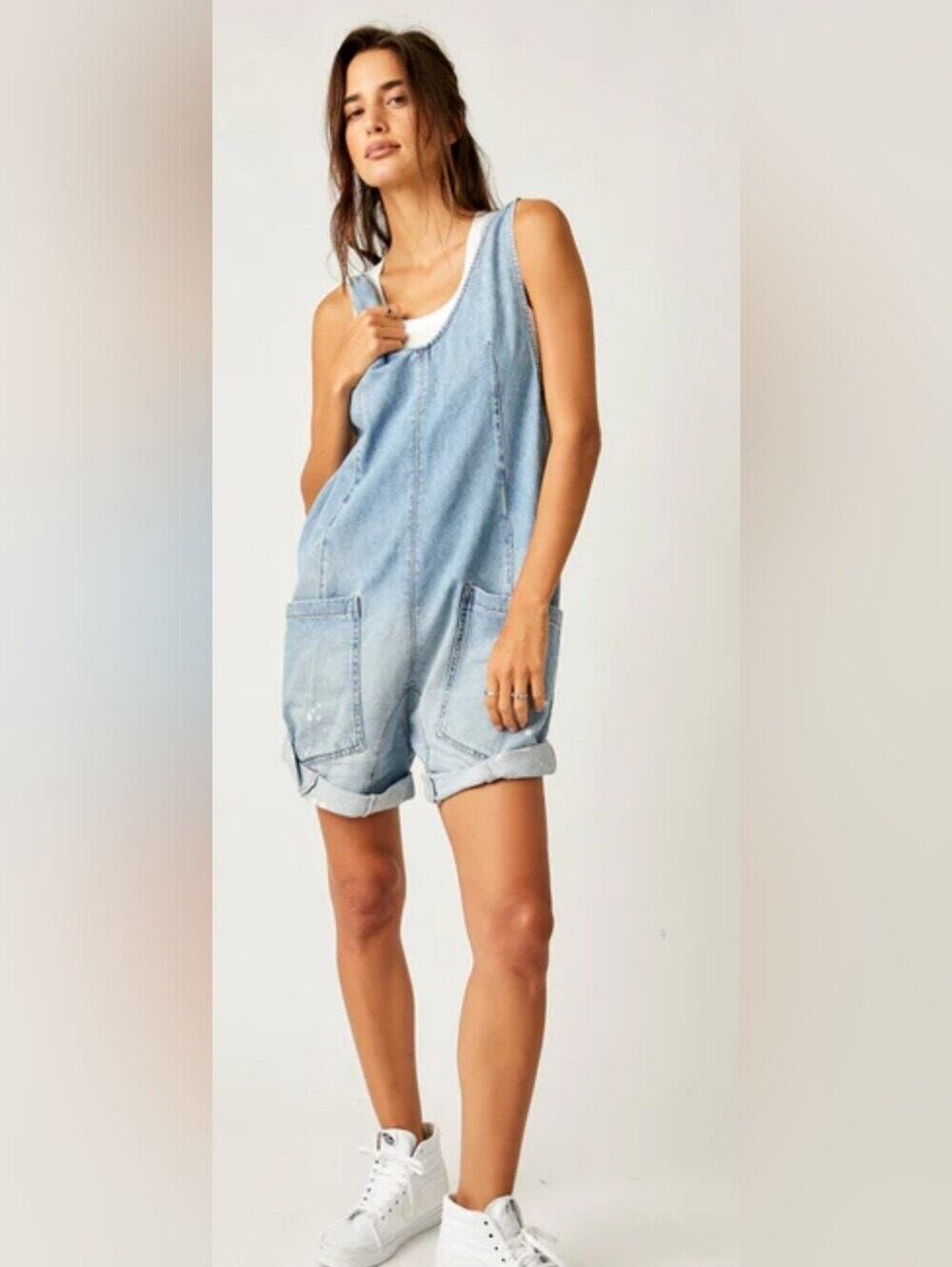 Free People We The Free Denim Romper Overalls Size L Light Wash Festival Boho